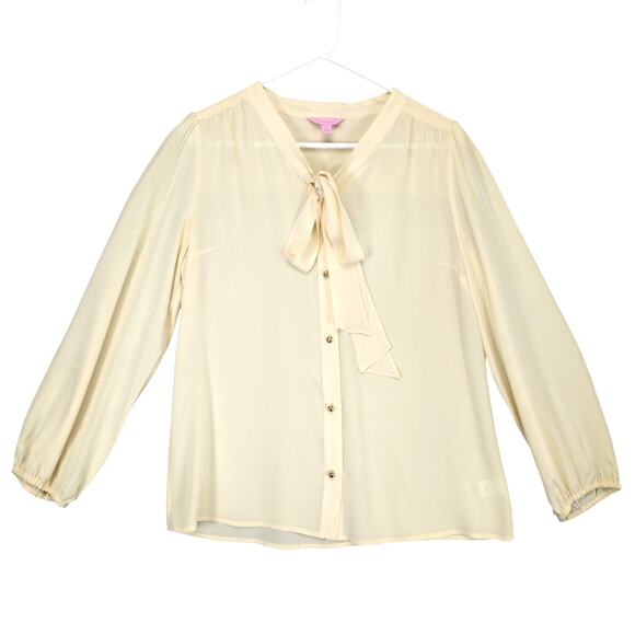 Lilly Pulitzer Women's M Beige 100% Silk Sheer Blouse, Neck Tie Balloon Sleeves - Picture 1 of 6